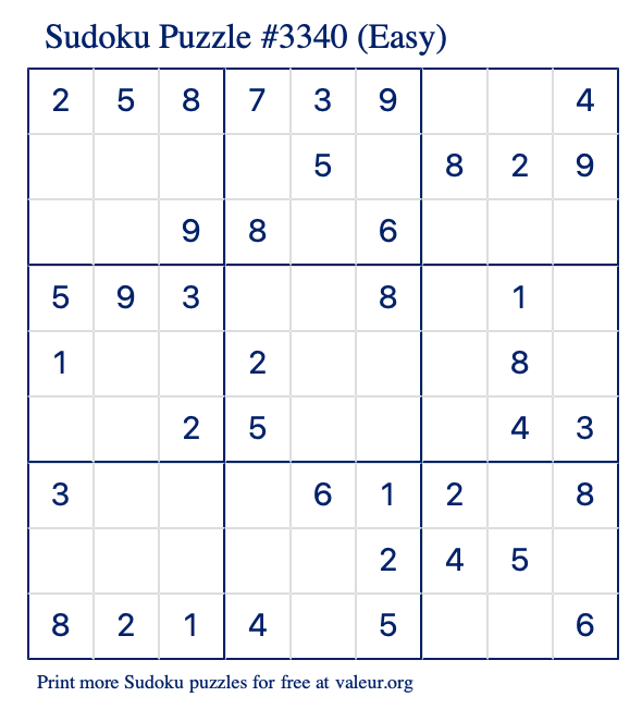 Free Printable Easy Sudoku Puzzle number 3340