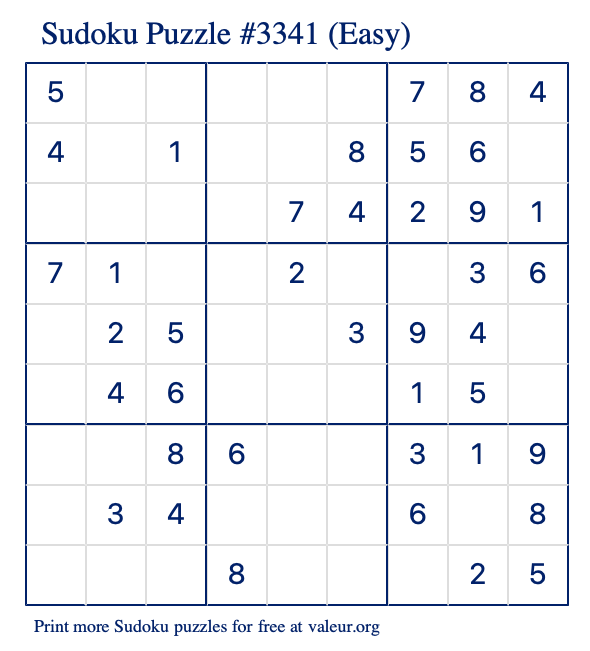Free Printable Easy Sudoku Puzzle number 3341
