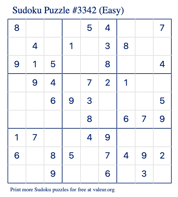Free Printable Easy Sudoku Puzzle number 3342