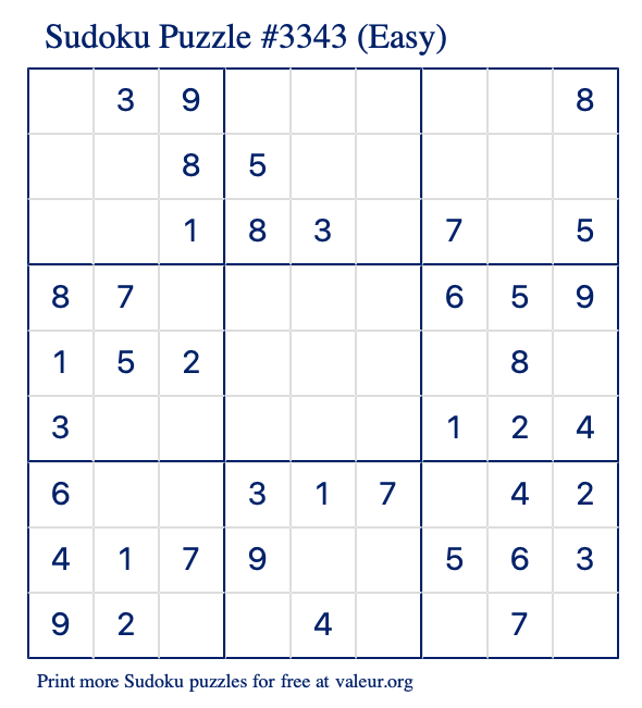Free Printable Easy Sudoku Puzzle number 3343