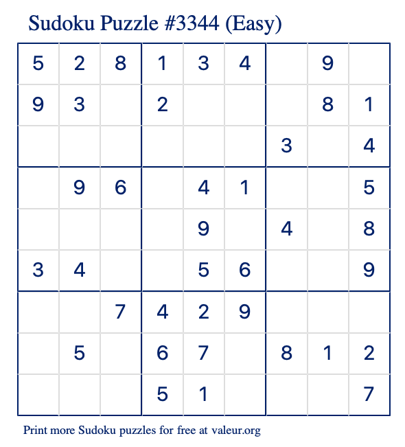 Free Printable Easy Sudoku Puzzle number 3344