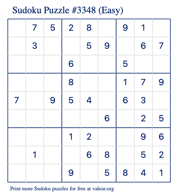 Free Printable Easy Sudoku Puzzle number 3348