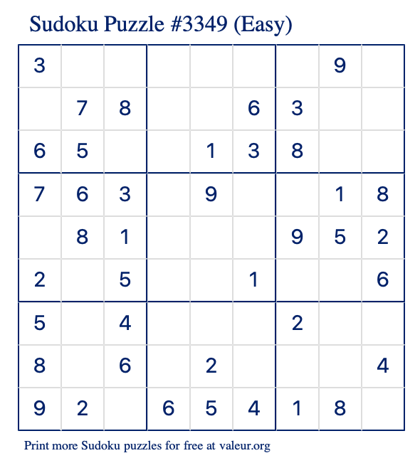 Free Printable Easy Sudoku Puzzle number 3349