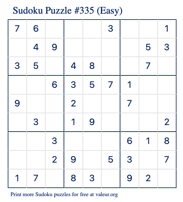 Free Printable Easy Sudoku Puzzle number 335