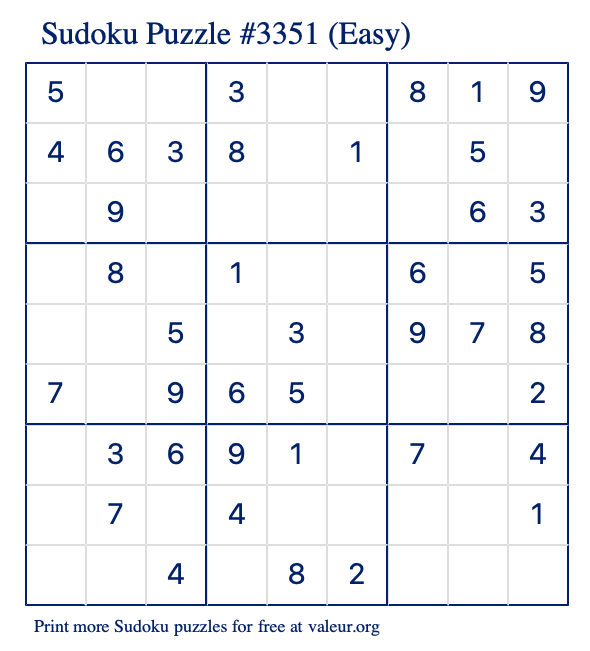 Free Printable Easy Sudoku Puzzle number 3351