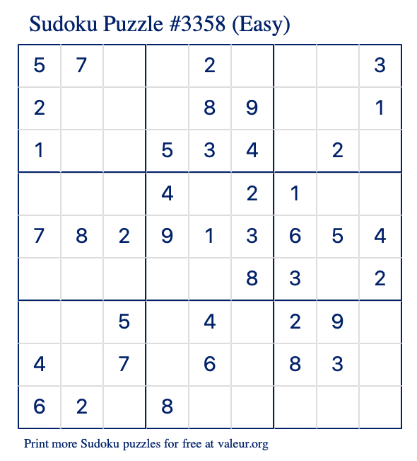 Free Printable Easy Sudoku Puzzle number 3358