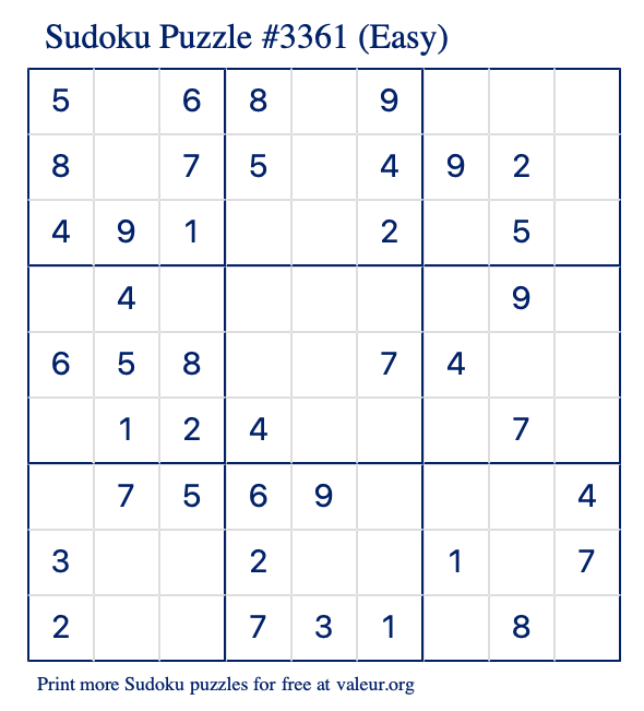 Free Printable Easy Sudoku Puzzle number 3361