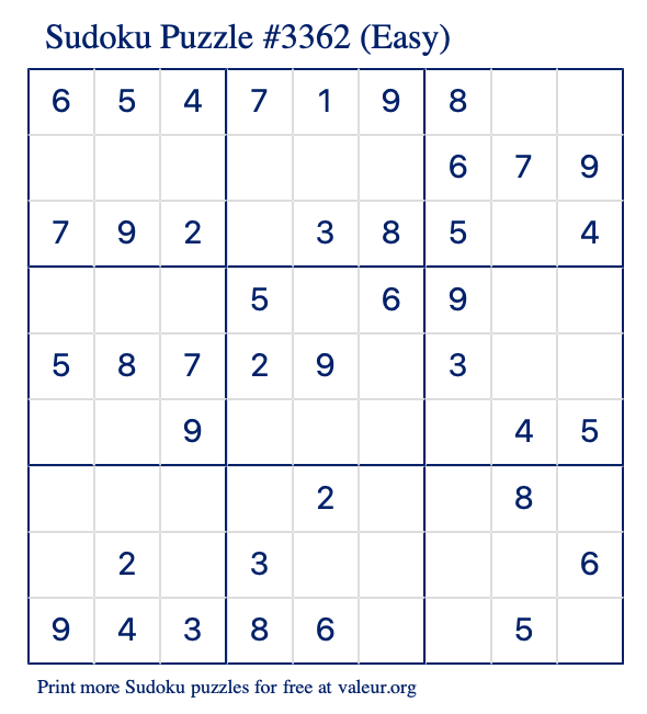 Free Printable Easy Sudoku Puzzle number 3362