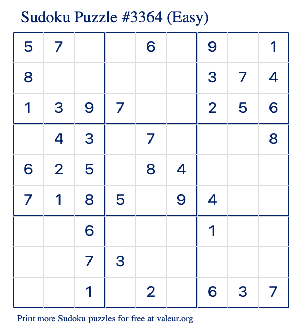 Free Printable Easy Sudoku Puzzle number 3364