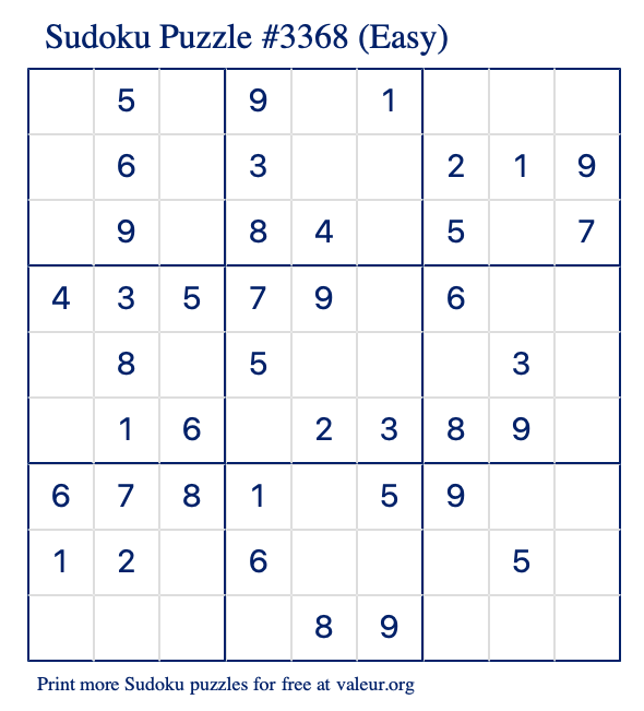 Free Printable Easy Sudoku Puzzle number 3368