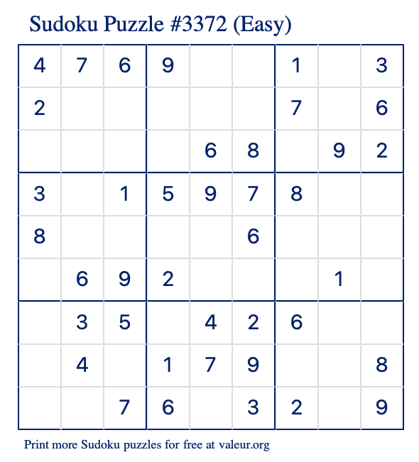 Free Printable Easy Sudoku Puzzle number 3372