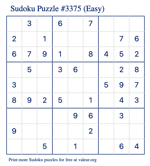 Free Printable Easy Sudoku Puzzle number 3375