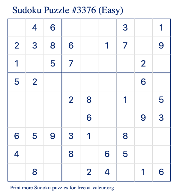 Free Printable Easy Sudoku Puzzle number 3376