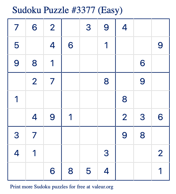 Free Printable Easy Sudoku Puzzle number 3377