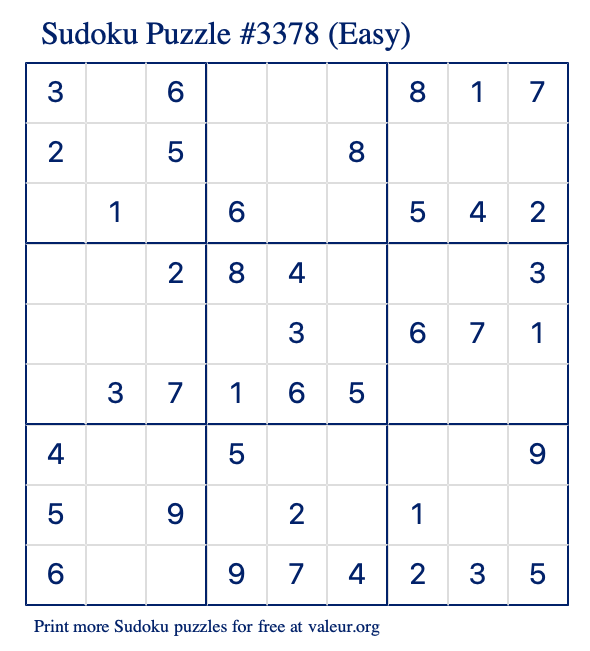 Free Printable Easy Sudoku Puzzle number 3378