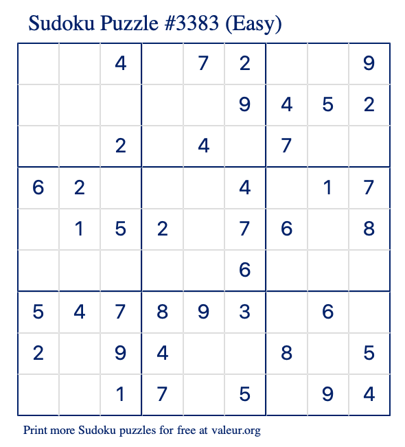 Free Printable Easy Sudoku Puzzle number 3383