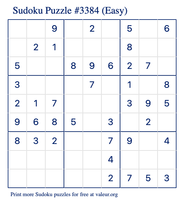 Free Printable Easy Sudoku Puzzle number 3384