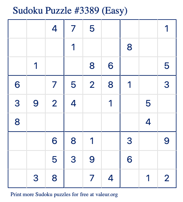 Free Printable Easy Sudoku Puzzle number 3389