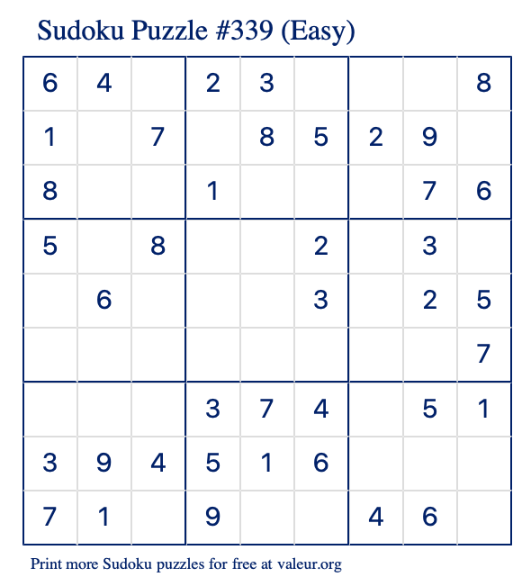 Free Printable Easy Sudoku Puzzle number 339