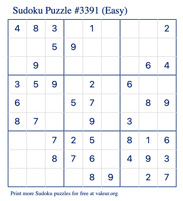 Free Printable Easy Sudoku Puzzle number 3391