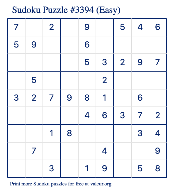 Free Printable Easy Sudoku Puzzle number 3394