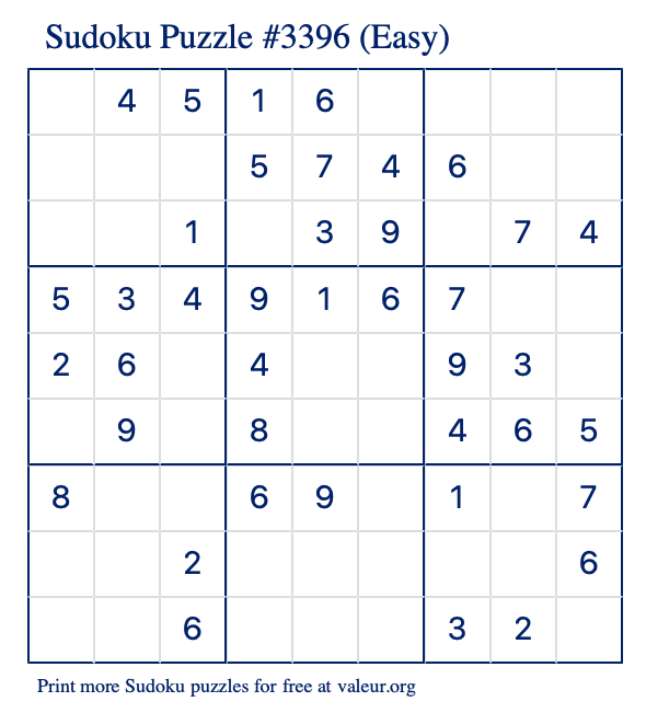 Free Printable Easy Sudoku Puzzle number 3396