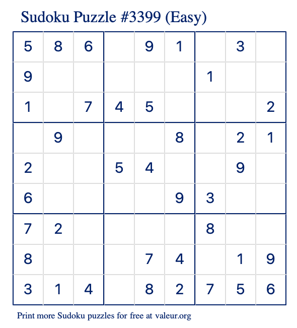 Free Printable Easy Sudoku Puzzle number 3399