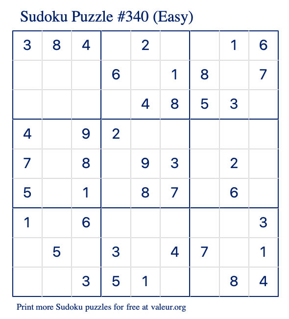 Free Printable Easy Sudoku Puzzle number 340