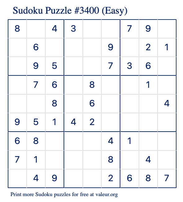 Free Printable Easy Sudoku Puzzle number 3400