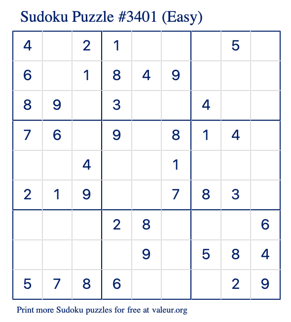 Free Printable Easy Sudoku Puzzle number 3401