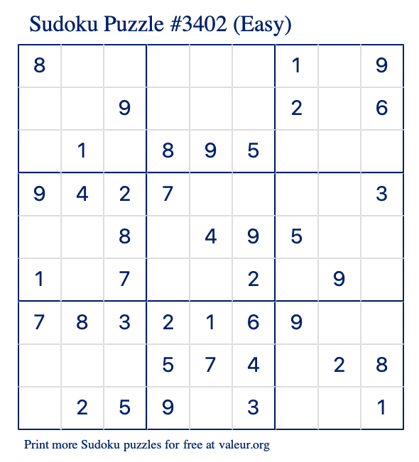 Free Printable Easy Sudoku Puzzle number 3402