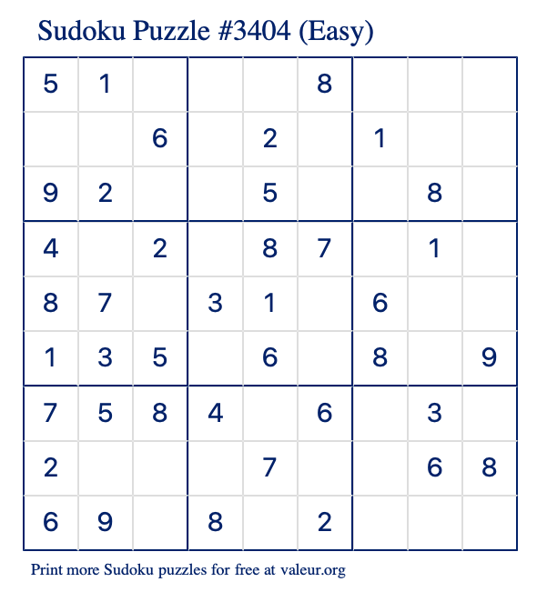 Free Printable Easy Sudoku Puzzle number 3404