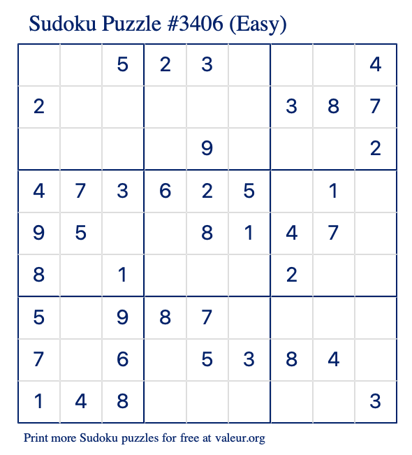 Free Printable Easy Sudoku Puzzle number 3406