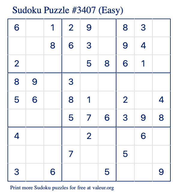 Free Printable Easy Sudoku Puzzle number 3407