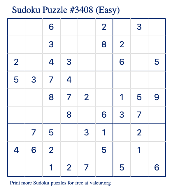 Free Printable Easy Sudoku Puzzle number 3408