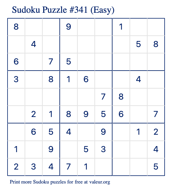 Free Printable Easy Sudoku Puzzle number 341