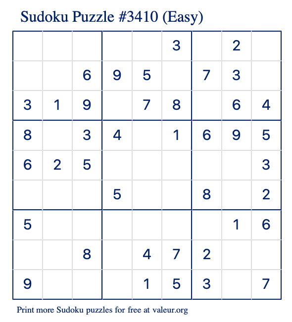 Free Printable Easy Sudoku Puzzle number 3410