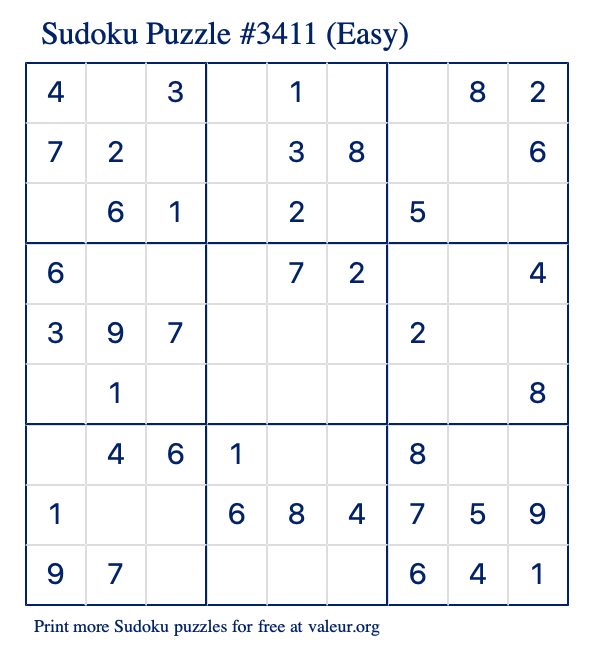 Free Printable Easy Sudoku Puzzle number 3411