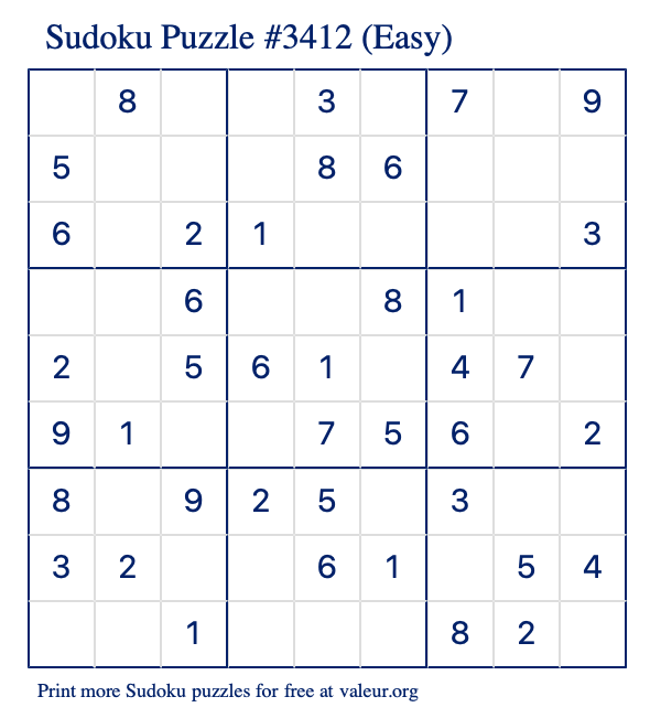 Free Printable Easy Sudoku Puzzle number 3412