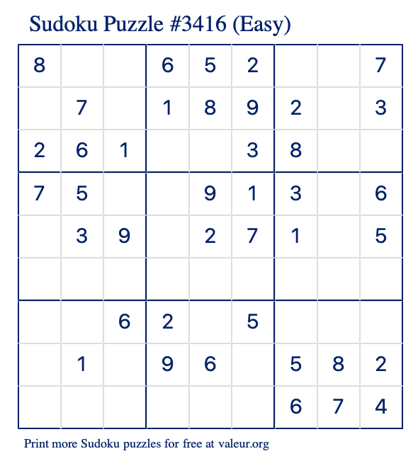 Free Printable Easy Sudoku Puzzle number 3416