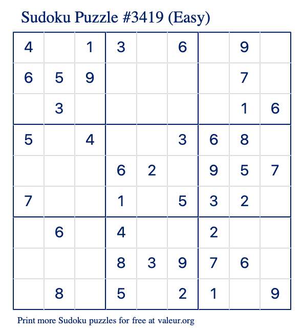 Free Printable Easy Sudoku Puzzle number 3419