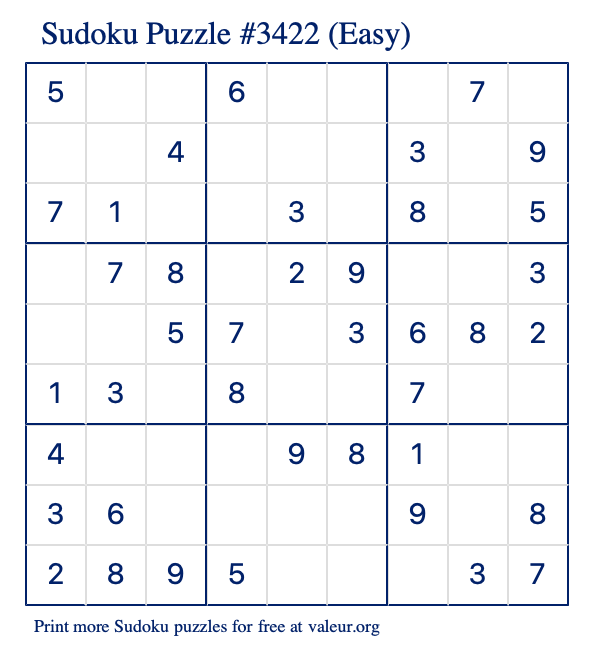 Free Printable Easy Sudoku Puzzle number 3422