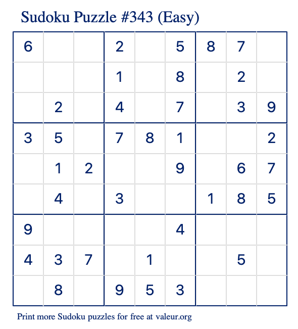Free Printable Easy Sudoku Puzzle number 343