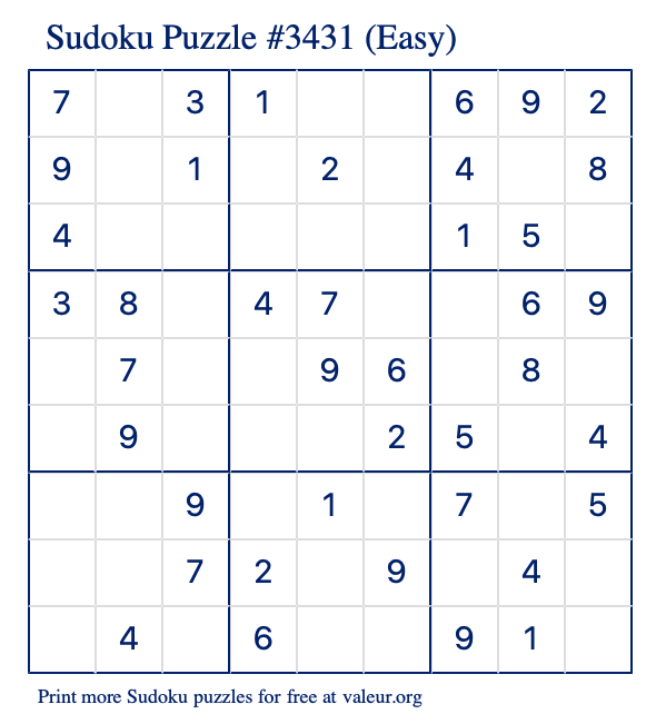 Free Printable Easy Sudoku Puzzle number 3431