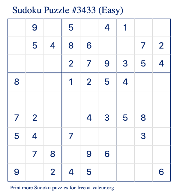 Free Printable Easy Sudoku Puzzle number 3433