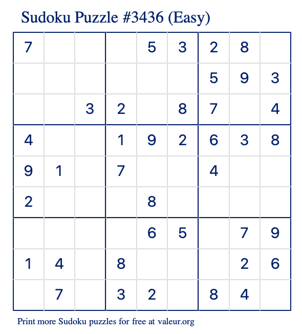 Free Printable Easy Sudoku Puzzle number 3436