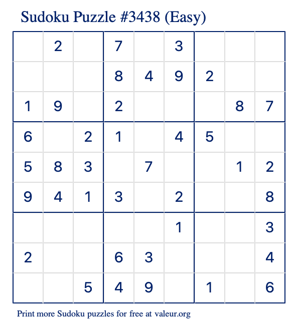 Free Printable Easy Sudoku Puzzle number 3438