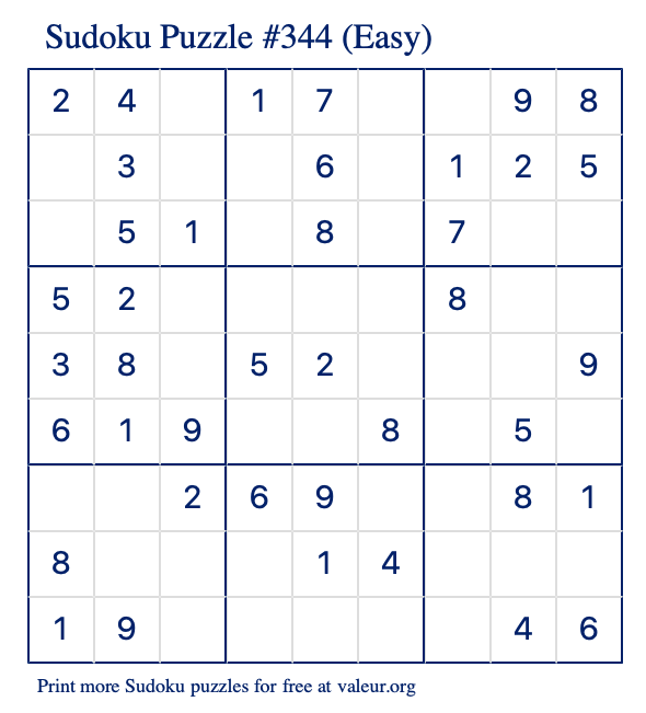Free Printable Easy Sudoku Puzzle number 344