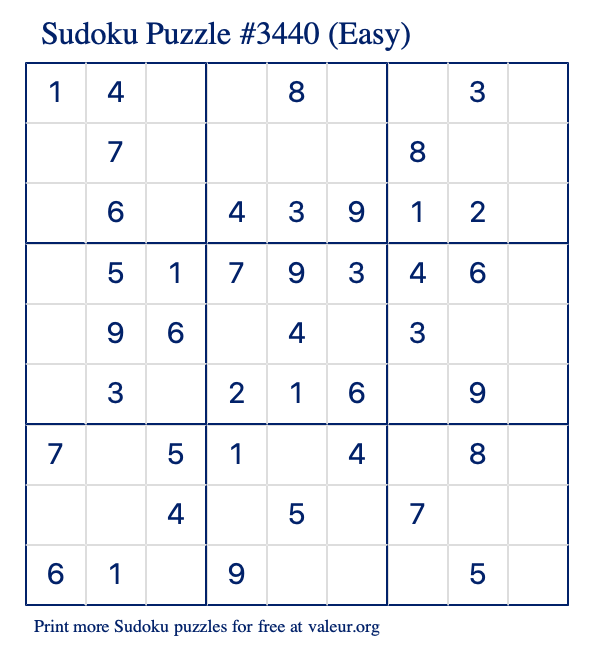 Free Printable Easy Sudoku Puzzle number 3440