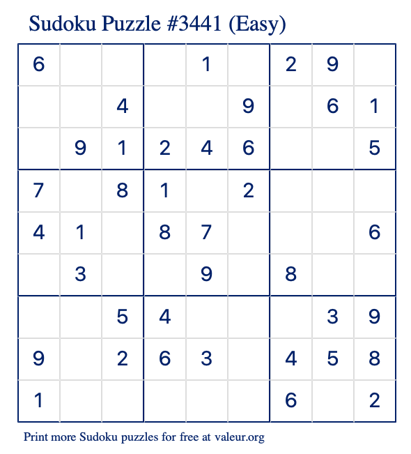 Free Printable Easy Sudoku Puzzle number 3441